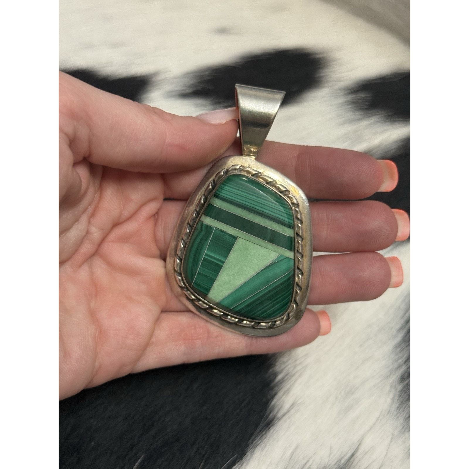 Huge Signed Sterling Silver Inlaid Malachite Pendant Dtr Jay King Brian Bruce